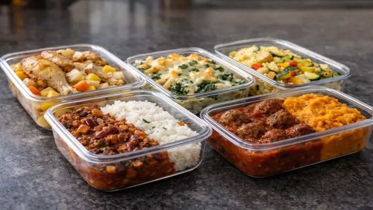 Batch cooking avec cinq repas préparés à l’avance en boîtes hermétiques : poulet rôti, chili con carne, gratin de pâtes au saumon, curry de légumes et boulettes sauce tomate