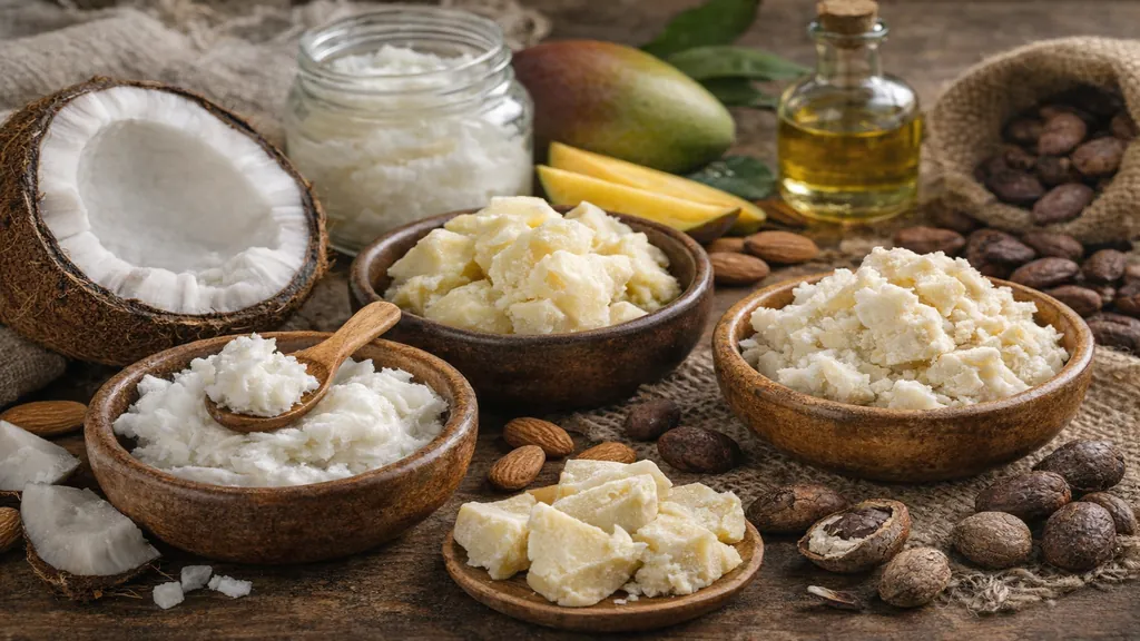 Beurres végétaux naturels en bols avec noix de coco, fèves de cacao, amandes et mangue sur table en bois rustique