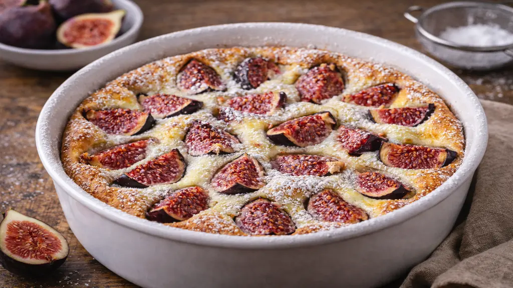 Clafoutis aux figues doré au four dans un plat en céramique, saupoudré de sucre glace avec figues fraîches visibles sur le dessus