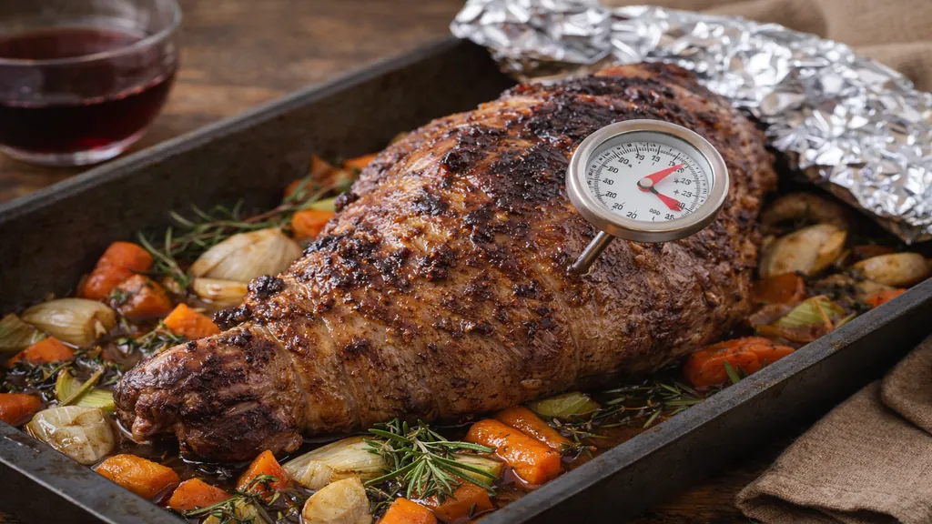 Cuissot de sanglier rôti au four avec thermomètre de cuisson, légumes racines et herbes aromatiques dans un plat à rôtir