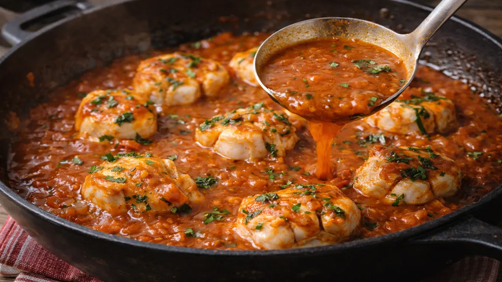 Lotte à l’armoricaine traditionnelle avec sauce tomate au cognac et persil frais dans une cocotte en fonte