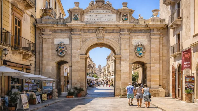 Porta Garibaldi dans le centre historique de Marsala en Sicile avec rue piétonne et architecture baroque