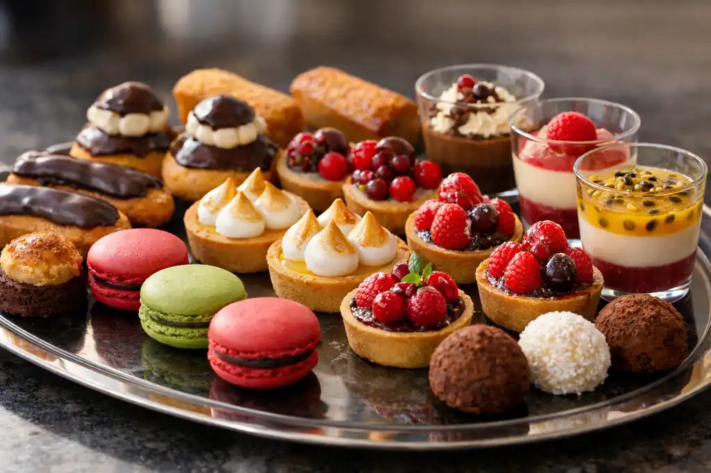 Plateau de mignardises sucrées assorties avec macarons, tartelettes aux fruits rouges, éclairs au chocolat et verrines dessert sur plateau argenté