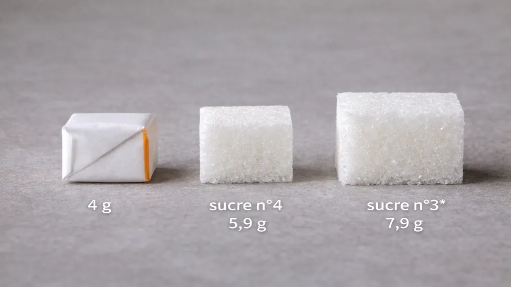 Trois morceaux de sucre blanc de calibres différents 4 g 5,9 g et 7,9 g alignés sur fond neutre illustrant le poids d’un morceau de sucre