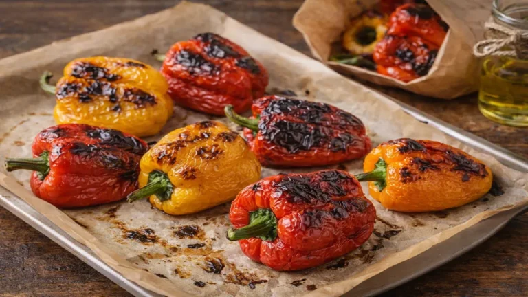 Poivrons rouges et jaunes grillés au four avec peau cloquée et noircie sur plaque de cuisson, prêts à être pelés
