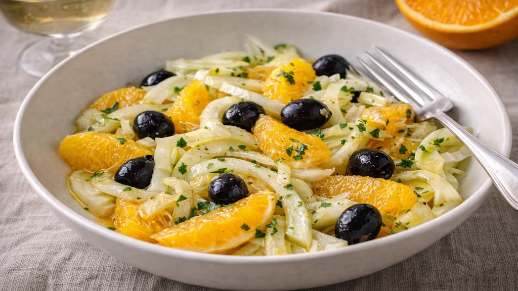 Salade fenouil orange légère et fraîche idéale en entrée avant un aïoli garni provençal