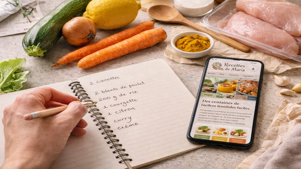 Planification de recettes de cuisine familiale avec carnet ouvert et ingrédients frais sur plan de travail