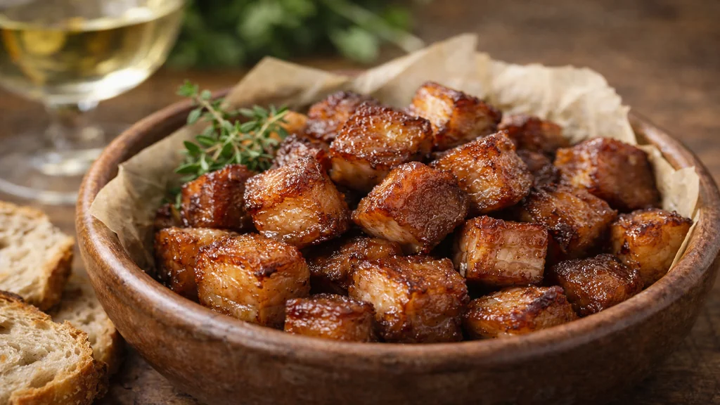 Rillons de porc dorés et confits dans un bol en terre avec pain de campagne et verre de vin blanc de Touraine