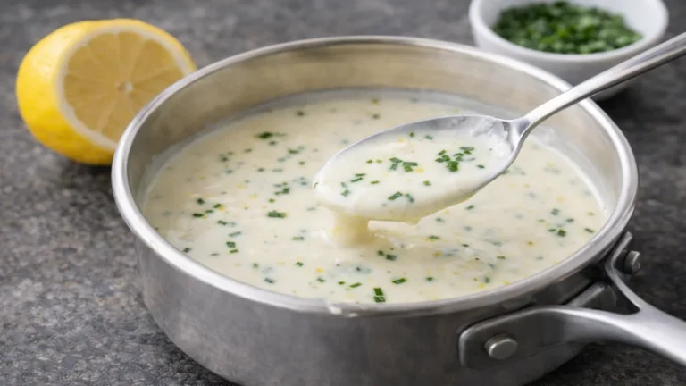 Sauce au citron crémeuse maison dans casserole en inox avec herbes fraîches et citron jaune coupé