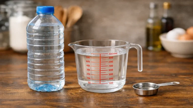 Verre doseur, bouteille d’eau et cuillère graduée sur plan de travail illustrant la conversion litre centilitre millilitre en cuisine