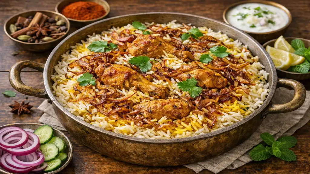 Biryani poulet traditionnel avec riz basmati parfumé au safran, morceaux de poulet marinés et oignons frits dans une cocotte rustique