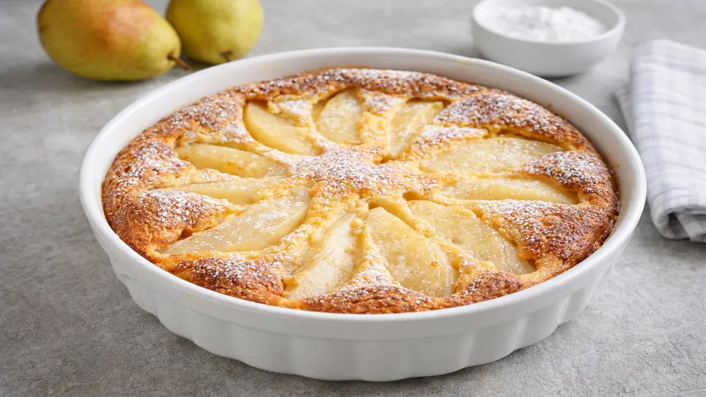 Clafoutis aux poires maison doré et moelleux dans un plat rond avec poires fondantes et sucre glace, dessert de saison réaliste sur plan de travail clair