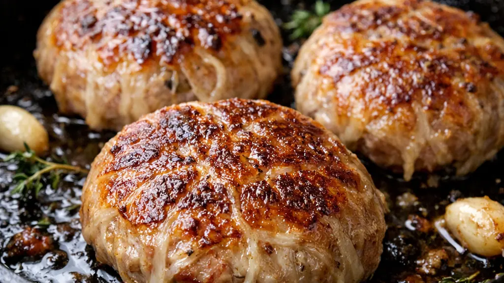 Crépinettes de porc dorées à la poêle dans une poêle en fonte, enveloppées de crépine croustillante avec ail et thym en cuisson