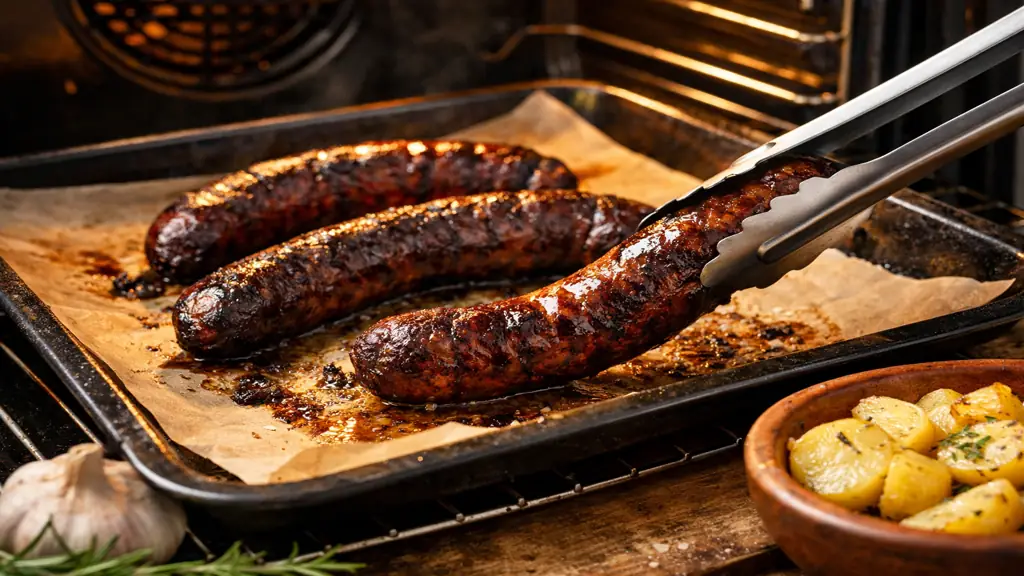 Figatelli au four doré et grillé sur plaque avec papier cuisson et pommes de terre rôties, cuisson traditionnelle corse réaliste