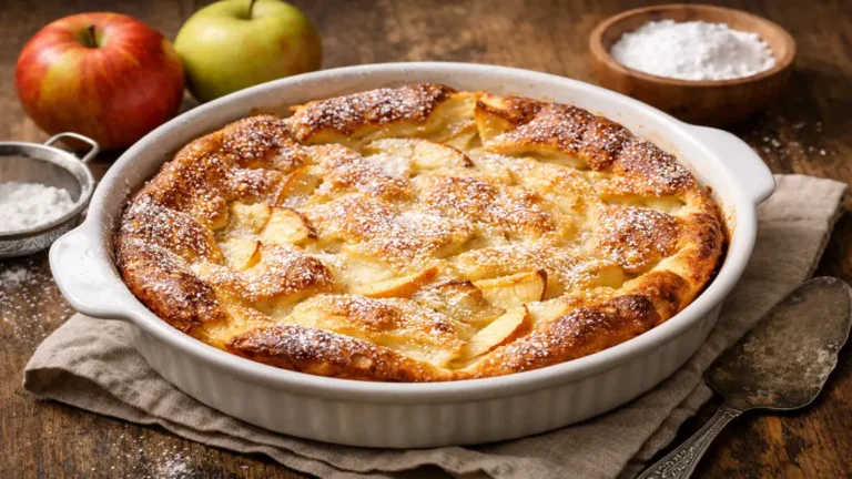 Flognarde aux pommes maison dorée et moelleuse dans un plat rond, dessert rustique traditionnel sur table en bois avec pommes entières en arrière-plan