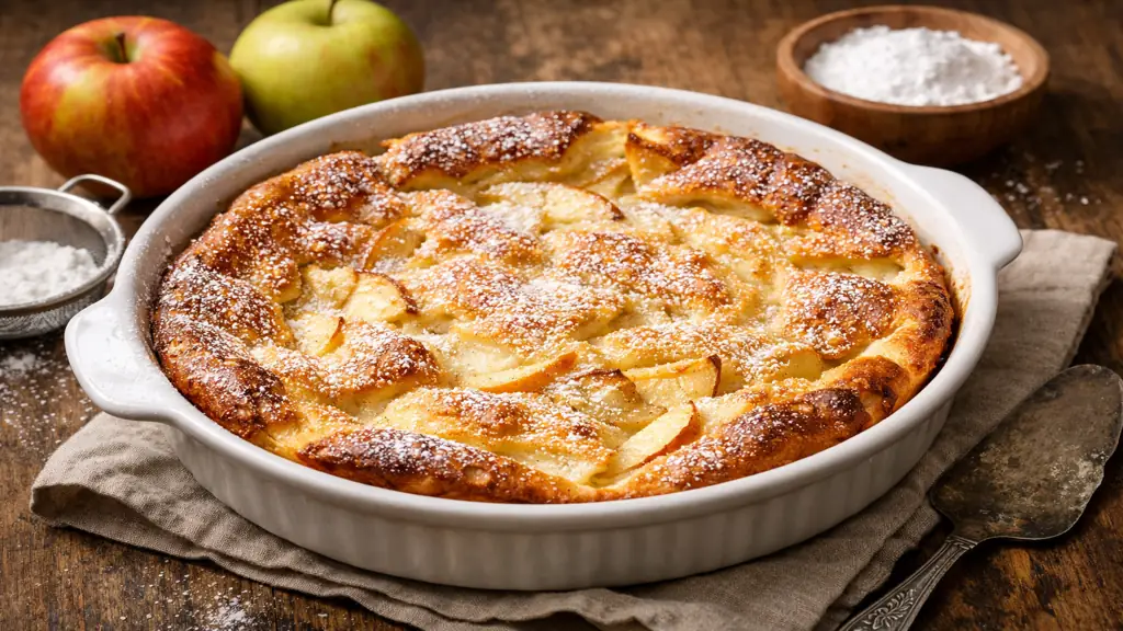 Flognarde aux pommes maison dorée et moelleuse dans un plat rond, dessert rustique traditionnel sur table en bois avec pommes entières en arrière-plan