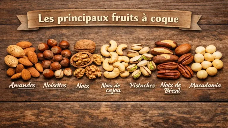 Assortiment de fruits à coque sur fond en bois avec amandes, noisettes, noix, noix de cajou, pistaches, noix du Brésil, noix de pécan et macadamia