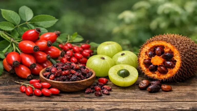 Assortiment de fruits en E incluant églantine, épine-vinette, emblic et entawak sur fond naturel avec profondeur de champ réaliste