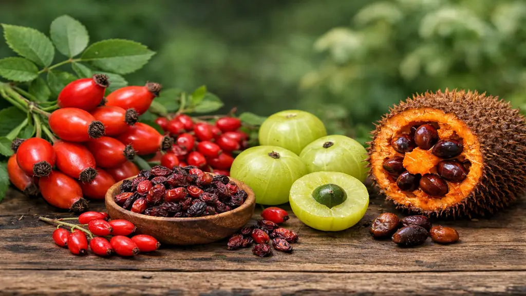 Assortiment de fruits en E incluant églantine, épine-vinette, emblic et entawak sur fond naturel avec profondeur de champ réaliste