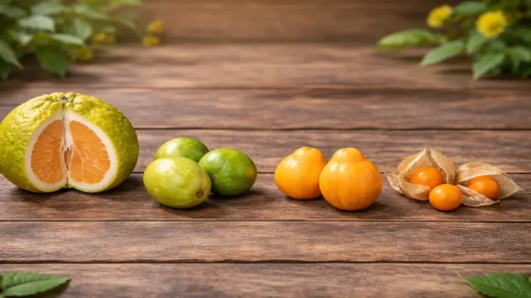 Sélection de fruits exotiques commençant par la lettre U, avec ugli, umbu, uvaia et uchuva disposés sur une table en bois dans un décor naturel lumineux