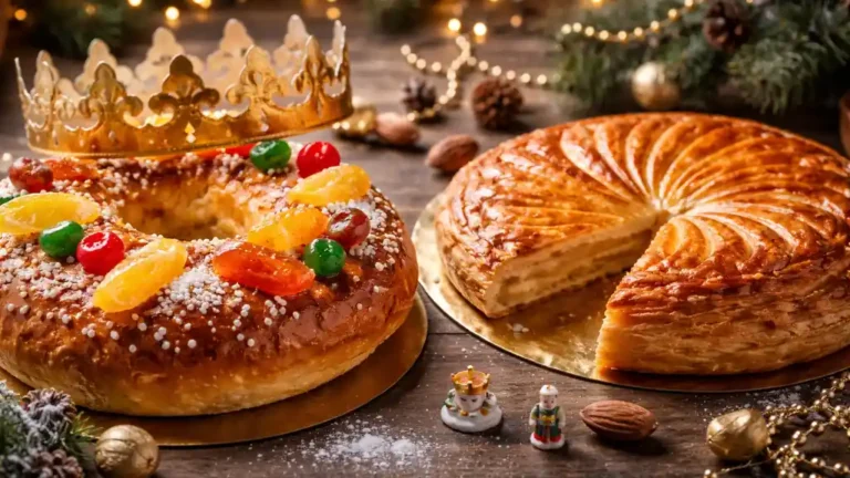 Deux gâteaux des rois artisanaux à Marseille : brioche provençale aux fruits confits et galette des rois à la frangipane sur table festive.