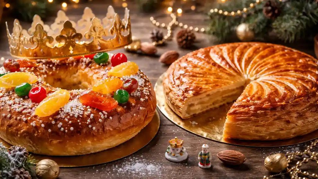 Deux gâteaux des rois artisanaux à Marseille : brioche provençale aux fruits confits et galette des rois à la frangipane sur table festive.