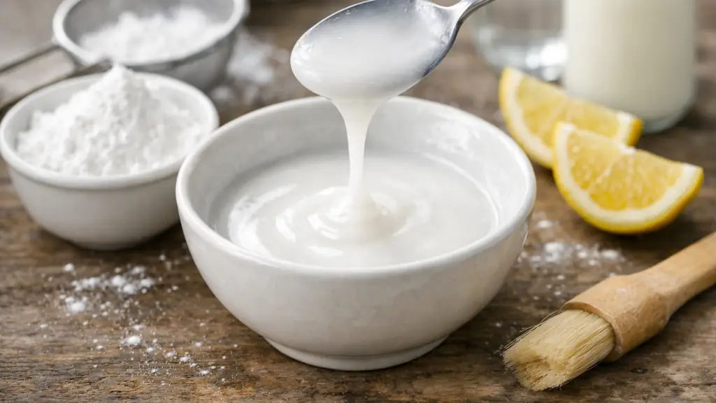 Glaçage au sucre glace lisse dans un bol avec sucre glace tamisé et citron sur plan de travail en bois, rendu réaliste cuisine pâtisserie