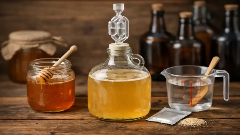 Préparation d’hydromel maison avec bonbonne en fermentation, miel liquide, levure et matériel de brassage sur table en bois