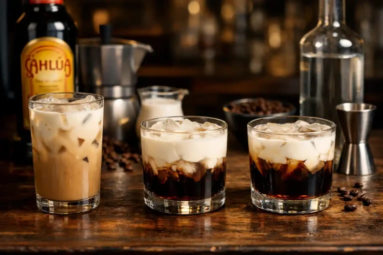cocktails au kahlua avec crème lait et vodka servis sur glace dans des verres à cocktail sur un bar avec grains de café