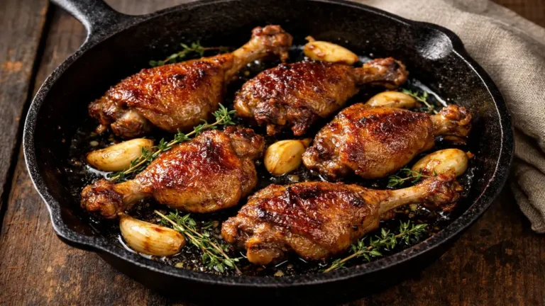 Manchons de canard dorés et croustillants dans une poêle en fonte avec gousses d’ail confites et thym frais