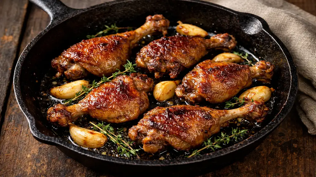 Manchons de canard dorés et croustillants dans une poêle en fonte avec gousses d’ail confites et thym frais