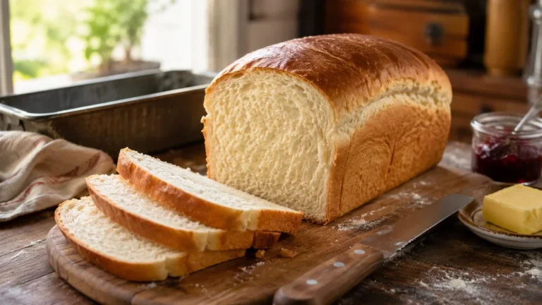 Pain de mie maison moelleux tranché sur une planche en bois avec beurre et confiture.
