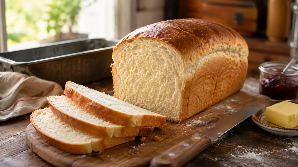 Pain de mie maison moelleux tranché sur une planche en bois avec beurre et confiture.