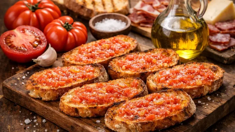 Pan con tomate traditionnel sur pain grillé rustique avec tomate mûre frottée, huile d’olive et sel, servi en style tapas espagnoles