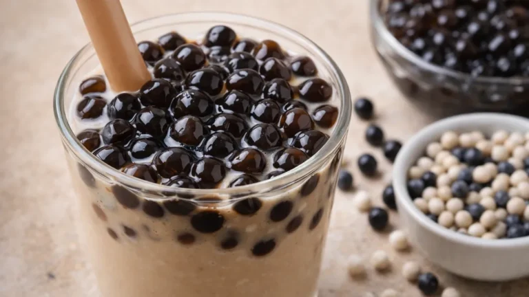 Verre de bubble tea au lait garni de perles de tapioca noires brillantes, avec billes de tapioca blanches et noires en arrière-plan