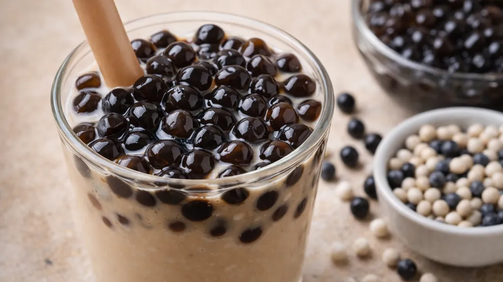 Verre de bubble tea au lait garni de perles de tapioca noires brillantes, avec billes de tapioca blanches et noires en arrière-plan