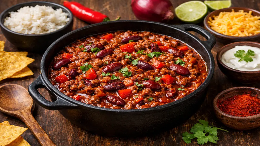 Chili con carne maison dans une cocotte avec haricots rouges, viande mijotée et épices, plat tex mex généreux accompagné de riz et citron vert