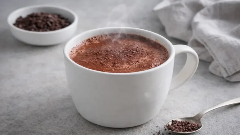 Chocolat chaud maison onctueux dans une tasse blanche avec vapeur et éclats de chocolat sur plan de travail, boisson chaude réaliste et gourmande