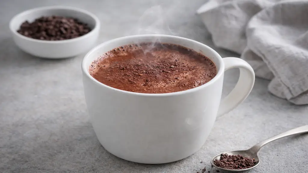 Chocolat chaud maison onctueux dans une tasse blanche avec vapeur et éclats de chocolat sur plan de travail, boisson chaude réaliste et gourmande