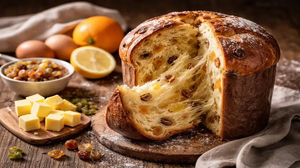 Panettone maison moelleux coupé en deux avec mie filante, raisins secs et fruits confits, posé sur une table en bois avec ingrédients autour