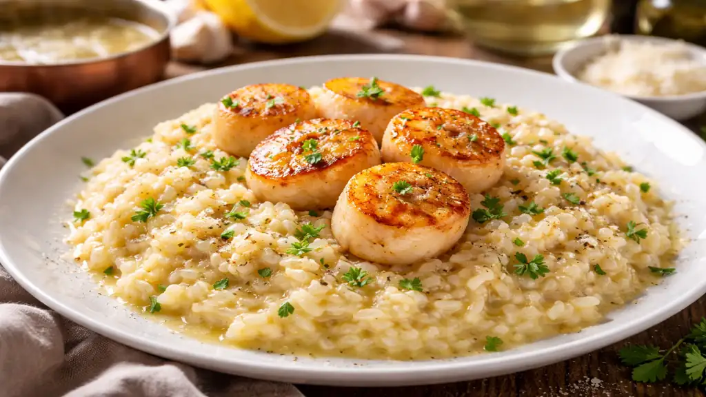 Risotto crémeux aux noix de Saint-Jacques poêlées dorées, servi dans une assiette avec texture onctueuse et finition citronnée