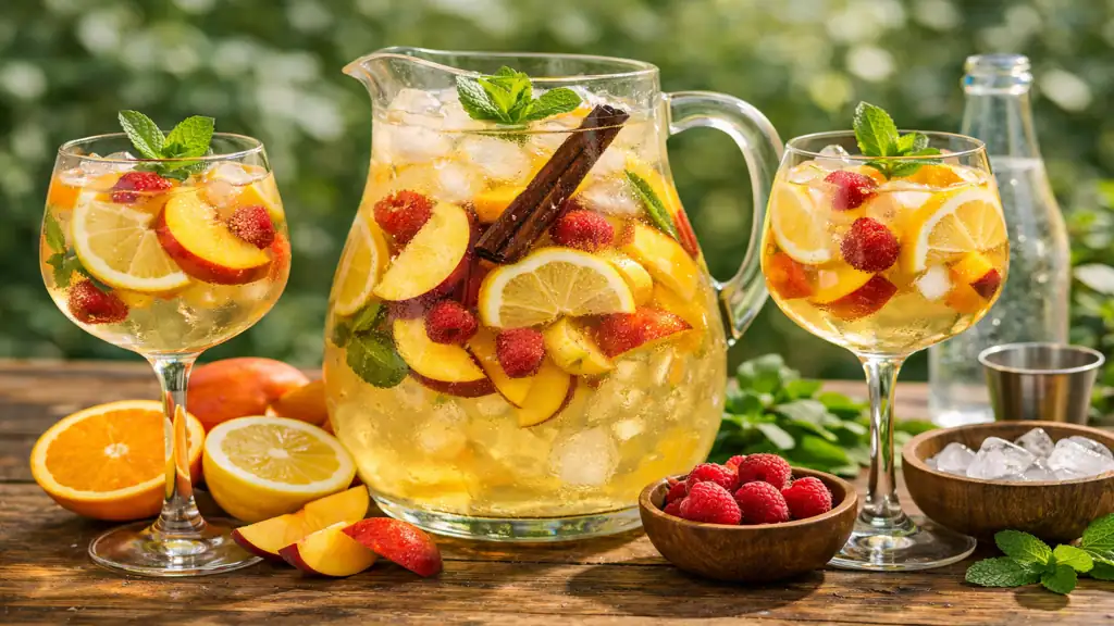 Sangria blanche maison avec vin blanc, fruits frais, glaçons et menthe dans une carafe et des verres en extérieur ensoleillé