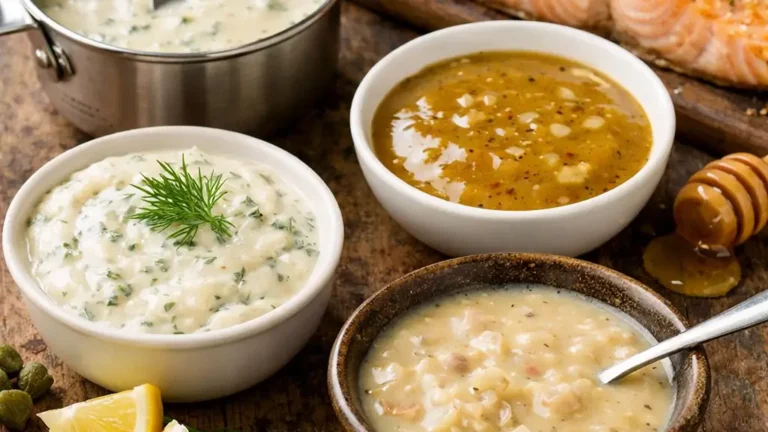 Différentes sauces pour saumon servies en bols avec pavé de saumon grillé en arrière-plan, cuisine maison réaliste avec aneth, citron et sauce crémeuse