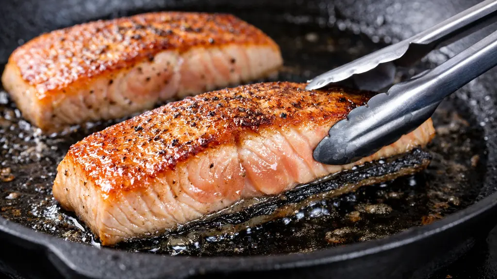 Pavés de saumon à la poêle avec peau croustillante dans une poêle en fonte chaude, chair nacrée et légèrement dorée en surface