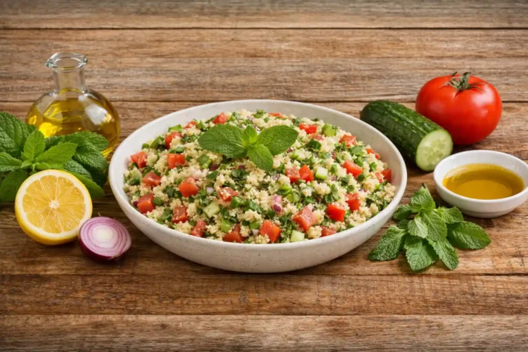 Saladier de taboulé maison à la semoule avec tomates, concombre, oignon rouge, menthe fraîche, persil, citron et huile d’olive sur table en bois