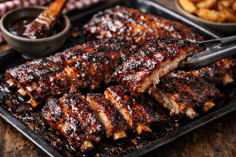 Travers de porc au four caramélisés et laqués sur plaque de cuisson, avec viande tendre se détachant de l’os et sauce barbecue brillante