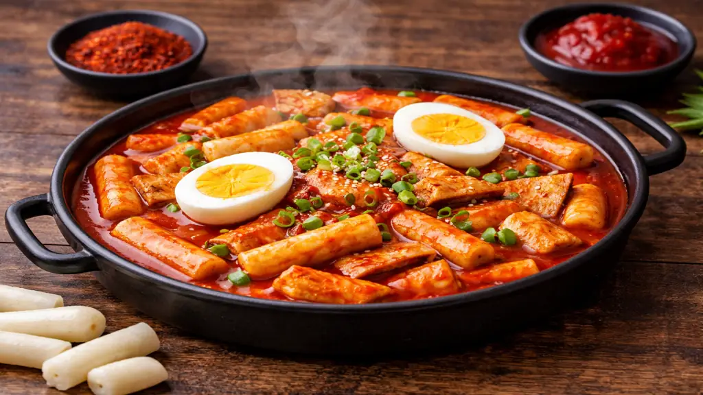 Tteokbokki coréen en sauce pimentée avec gâteaux de riz, œufs et oignons verts dans une poêle sur table en bois, plat street food asiatique réaliste