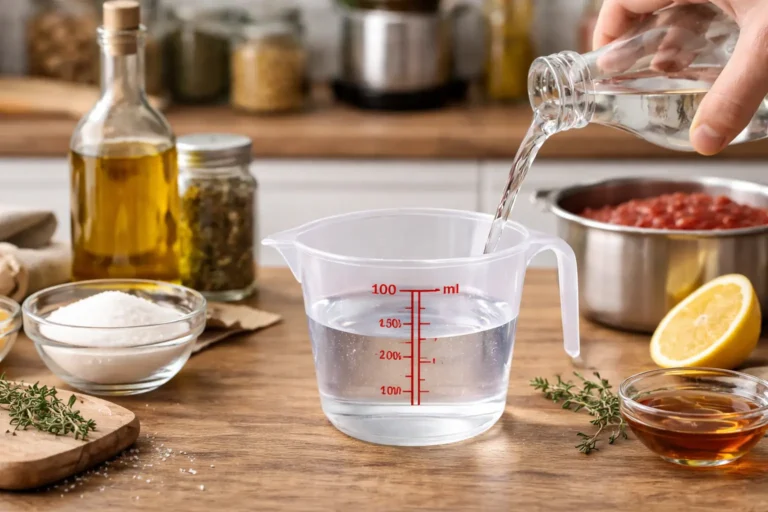 Mesure de 100 ml d’eau dans un verre doseur en cuisine avec ingrédients et ustensiles sur un plan de travail en bois