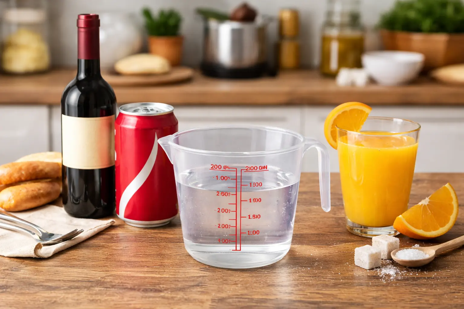 Verre doseur rempli à 500 ml posé sur un plan de travail en cuisine avec bouteille, canette et verre de jus en arrière-plan