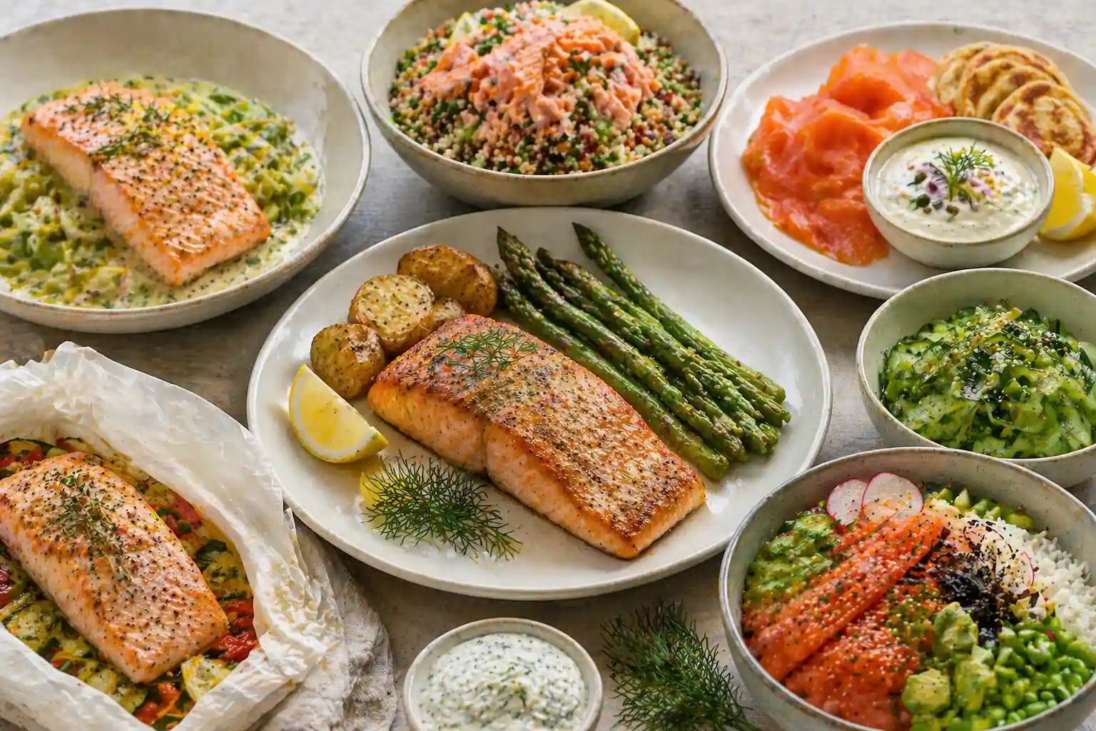 Assortiment de plats au saumon avec pavé grillé, saumon fumé, bowl au saumon cru, asperges, pommes de terre et sauce à l’aneth